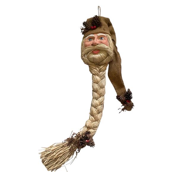 Vintage Wall Hanging Santa with Raffia and Burlap Braided Beard Holiday Decor - Picture 1 of 12